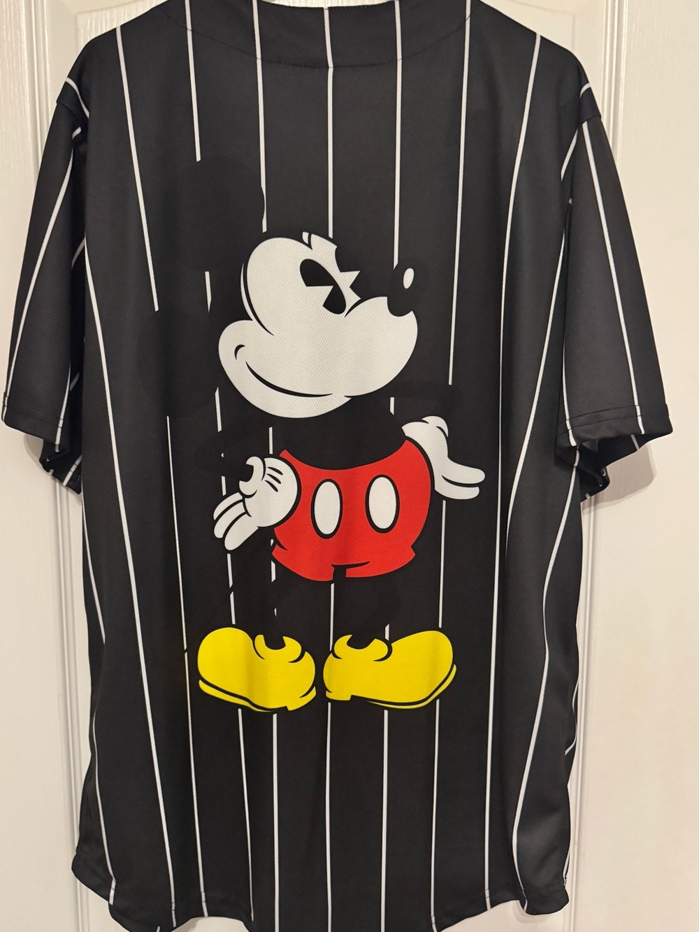 Vintage Disney Black Pinstripe Baseball Jersey Shirt with Mickey Graphic XL